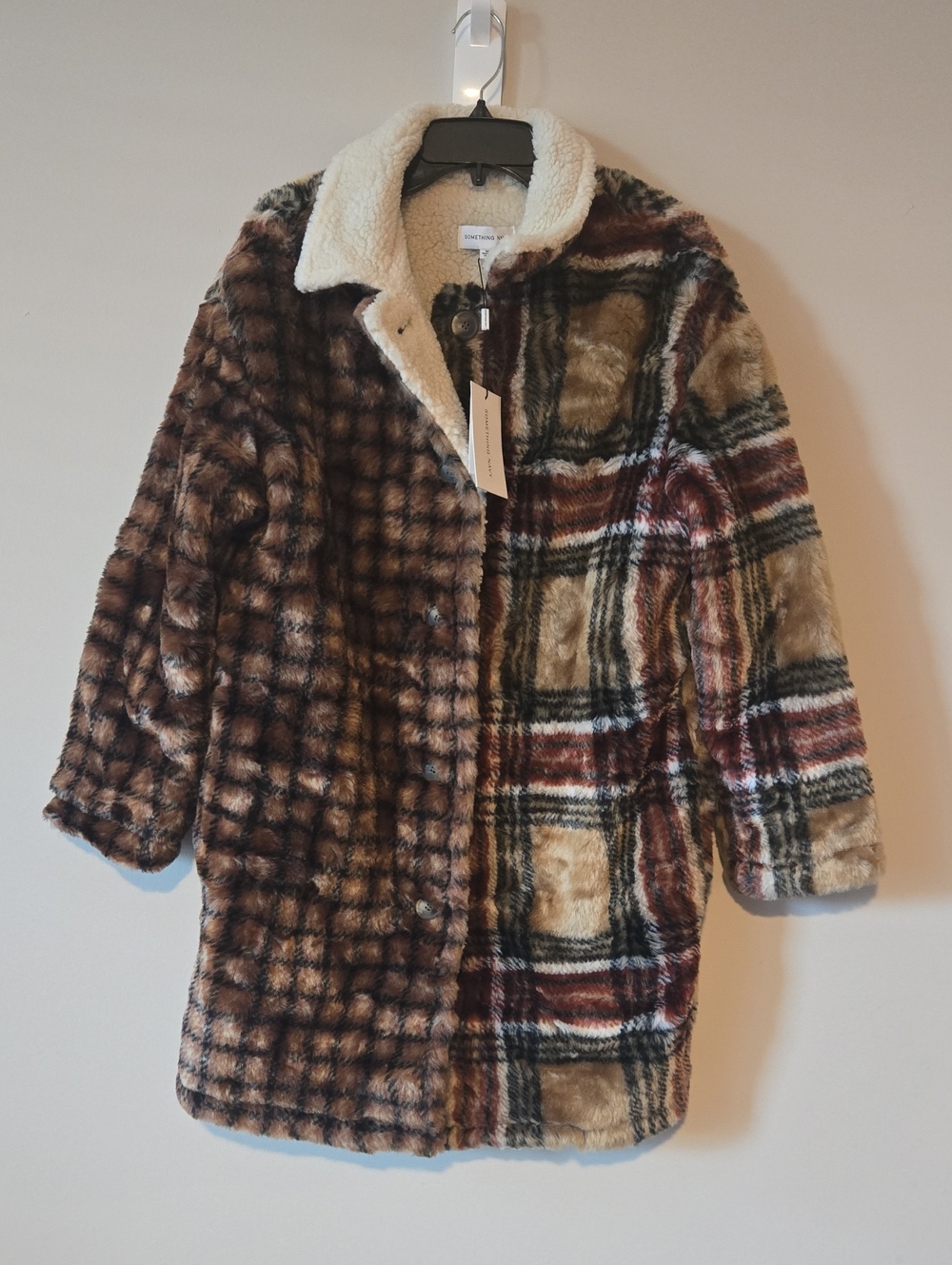 Something Navy Faux Fur Contrast Plaid Coat Brown & Cream Medium NWT
